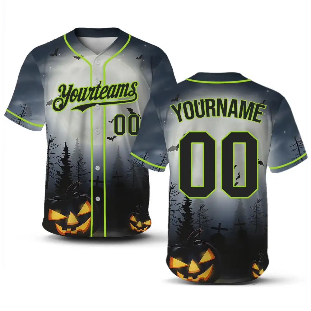 Halloween Horror Ghost Pumpkin Graphic Baseball Uniform Fashion Print Custom Number Button Shirt Men Women Cosplay Party Clothes
