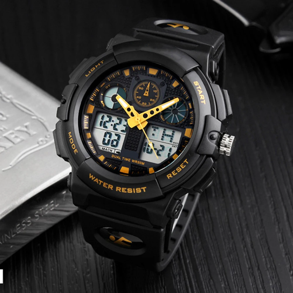 

Waterproof Digital Watch for Men Sports Quartz Movement Dual Time Chronograph Alarm 50M PU Strap Stainless Steel Buckle