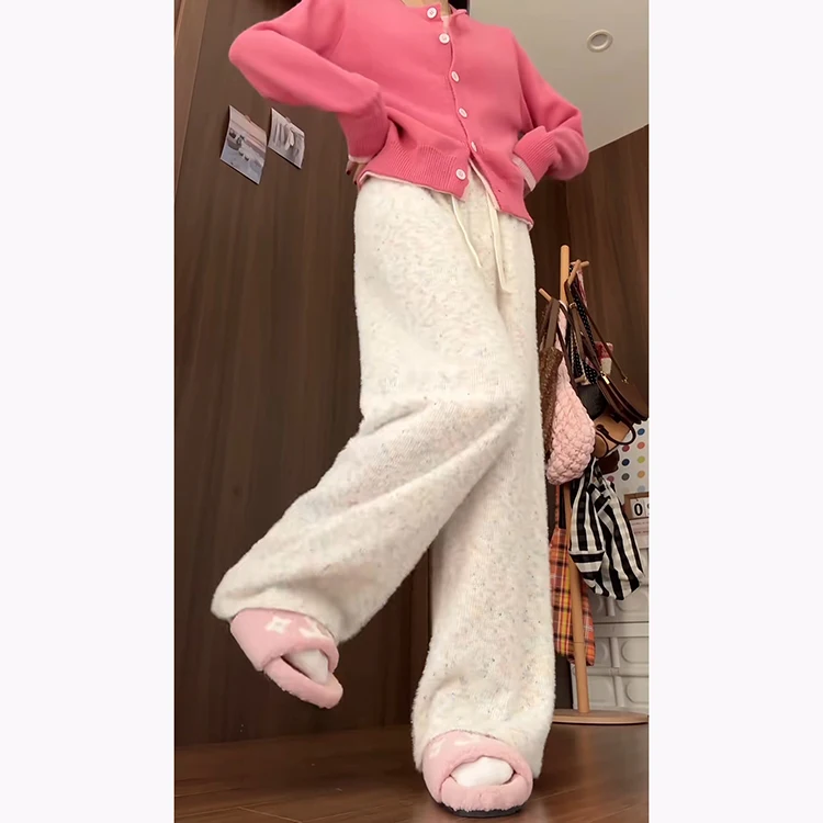 Pantalones de pierna recta de terciopelo de punto arcoíris de cintura alta coreanos Sle Otoño Invierno pantalones casuales adelgazantes para mujeres