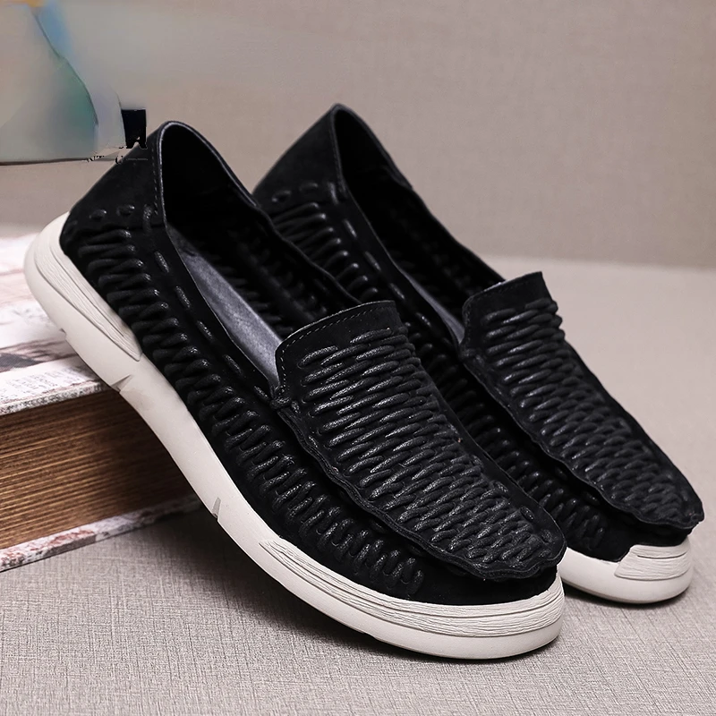 Fashion Men's Loafers Genuine Leather Sneakers Wingtip Oxford Dress Shoes Walking Shoes for Men Knit Handmade