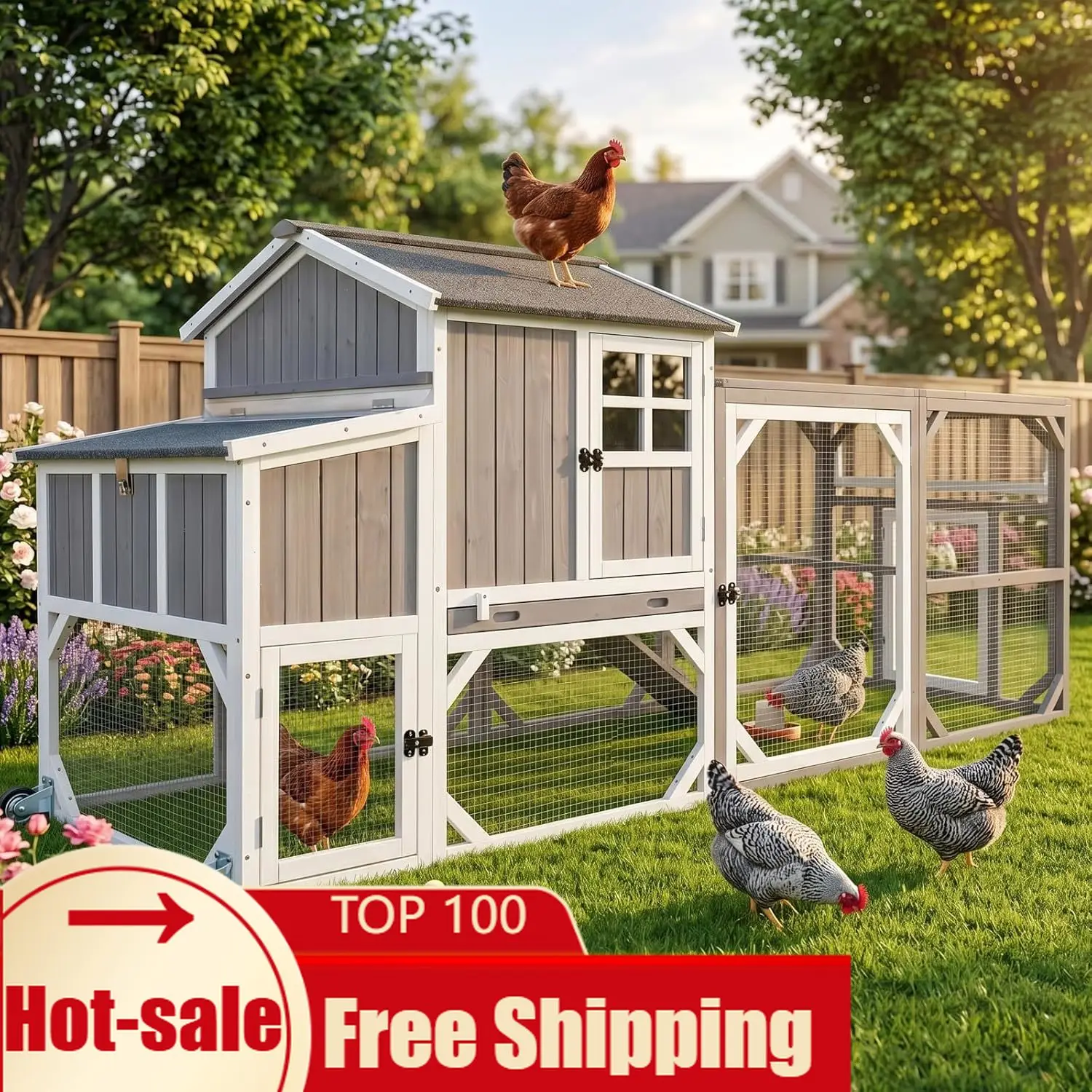 

Large Outdoor Chicken Coop with Run Wheels 95 3 Wooden Hen House for 3 6 Chickens 3 Compartment Nesting Box 2 Dividers Pull