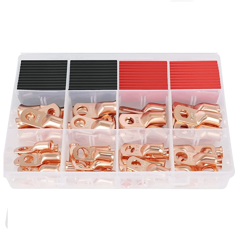 76PCS Copper Wire Lugs With Heat Shrink Tube 3:1 Kit,Heavy Duty Battery Cable End,Bare Copper Crimp Connectors