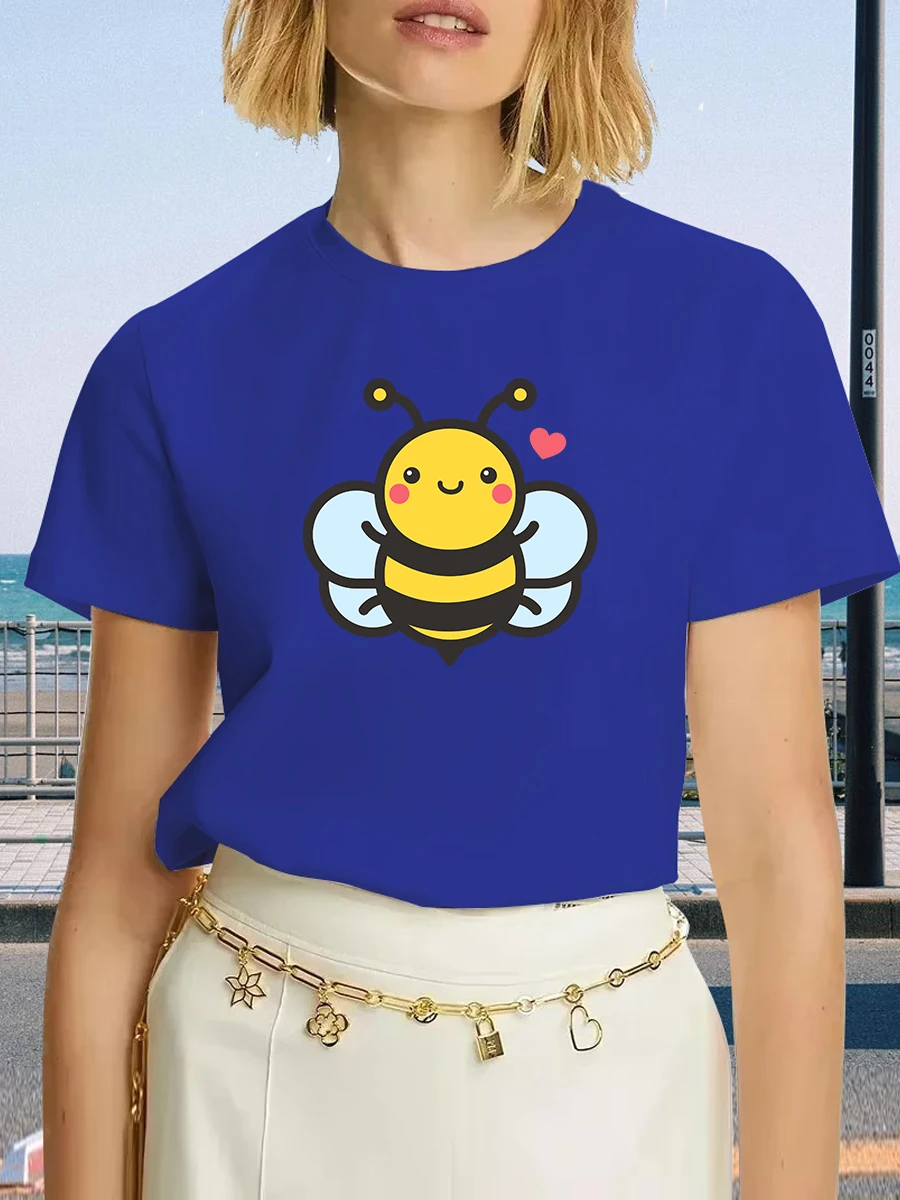 T-shirt casual da donna a maniche corte T-shirt girocollo traspirante con stampa floreale e ape simpatico cartone animato per la primavera/estate