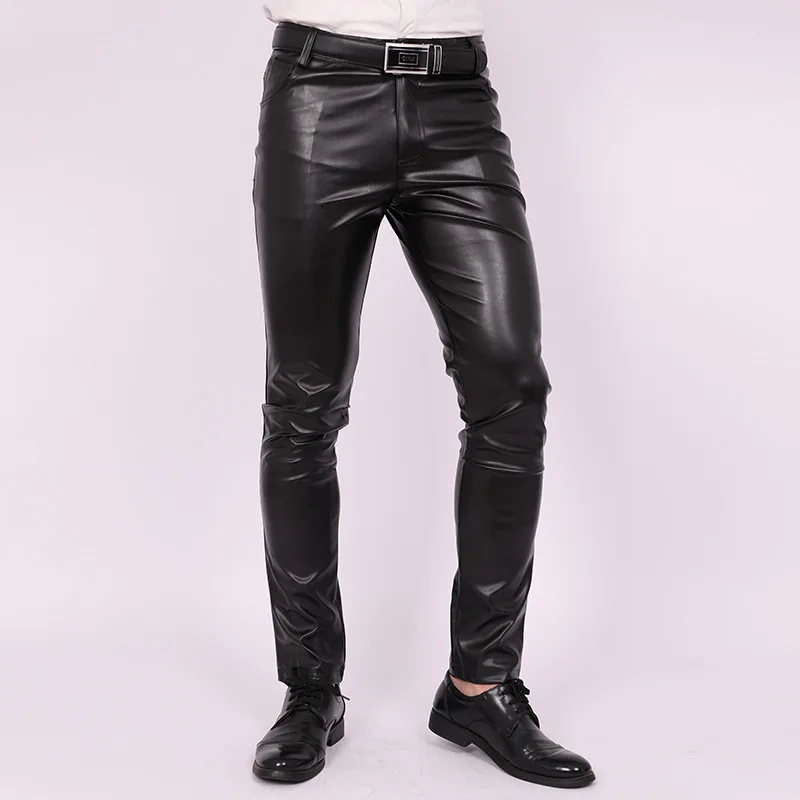 

2023 Men's Slim Fit Skinny Pants Tight Stretch Leather Pants Teen Trend Motorcycle PU Leather Pants