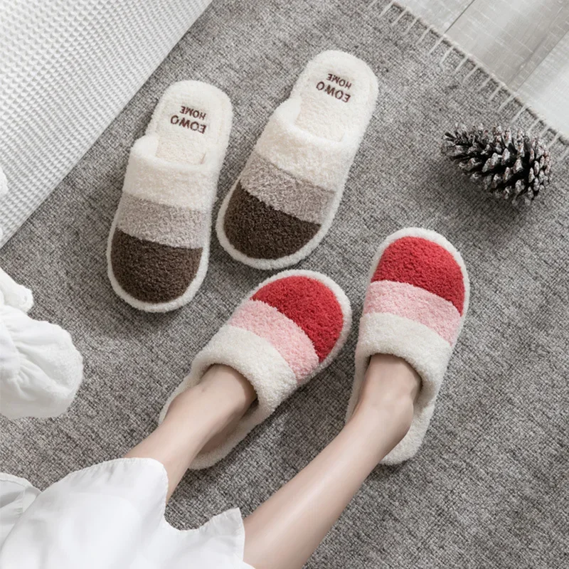 Mix Color Home Fluffy Slippers Women Winter Closed Toe Faux Fur House Slippers Woman Comfort Soft Sole Non-Slip Indoor Slides