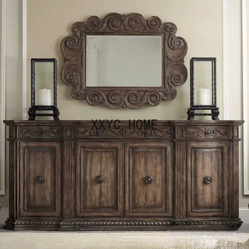 Solid Wood Entrance Cabinet Villa Vintage Distressed Carved Sideboard Cabinet Four-Door Locker
