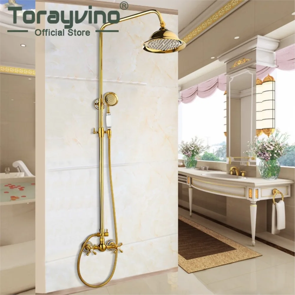 

Torayvino Bathroom Shower Gold Brass Shower Set Mixer Tap Faucet Rainfall Sprayer Shower Head Round Wall Mounted Water Tap Sets