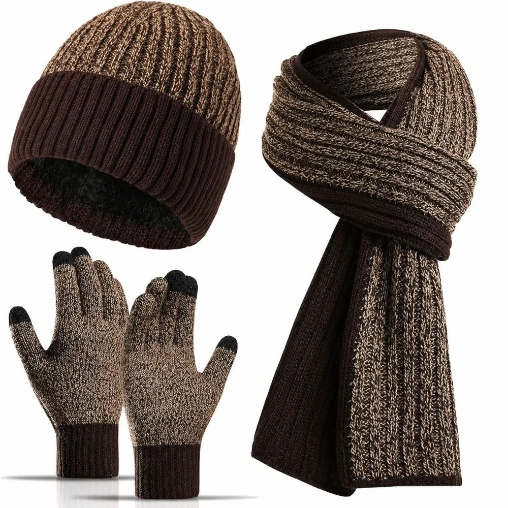 3Pcs/Set Casual Warm Winter Hat Scarf Gloves Set Non Slip Thicken Scarf Neck Warmer Suit Soft Lining Touchscreen Gloves for Men