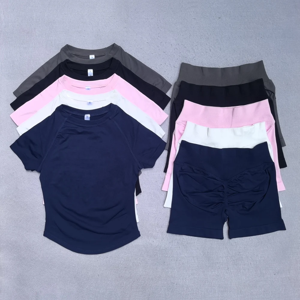 2-teiliges Yoga-Set für Damen, Outfit mit langem, kurzärmeligem Gym-Top-Shirt und hochtaillierten Workout-Shorts, Sportanzug, Fitnesskleidung, Gym-Set