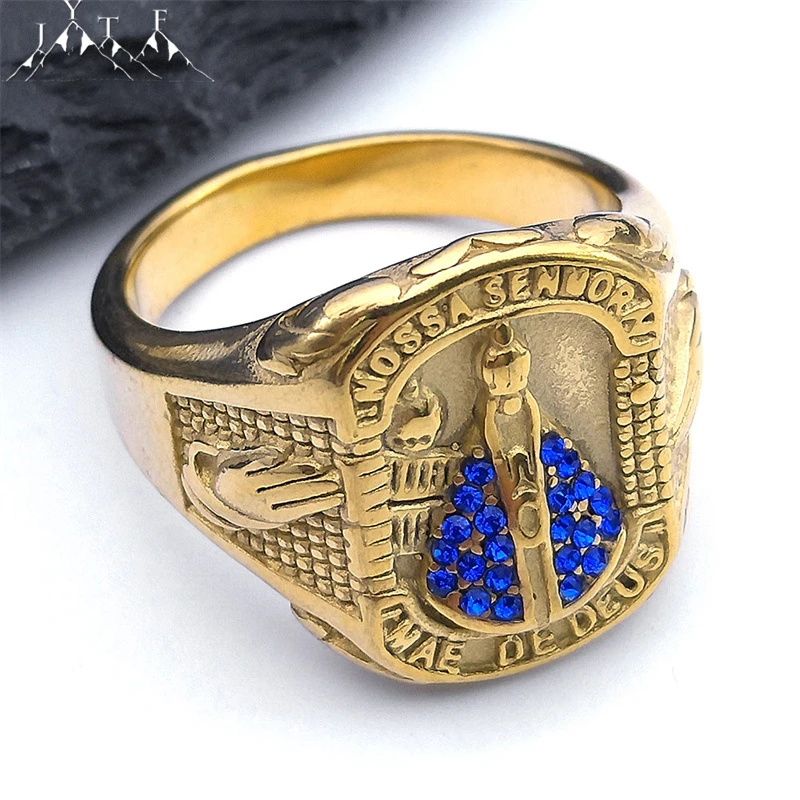 Crystal Our Lady of Aparecida Brazil Nossa Senhora Ring Men Stainless Steel Virgin Mary Rings Jewelry Boyfriend Gift RRR514S05