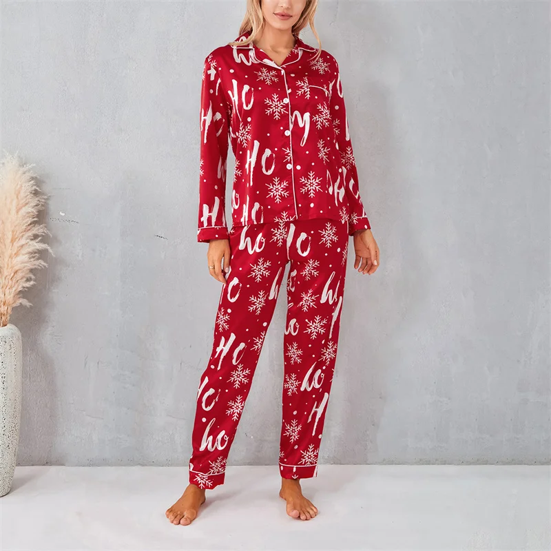 Autumn Women Pajamas Set Print Christmas Sleepwear 2Pcs Red Buttons Lapel Neck Shirt Tops + Elastic Waist Pants Sets Loungewear