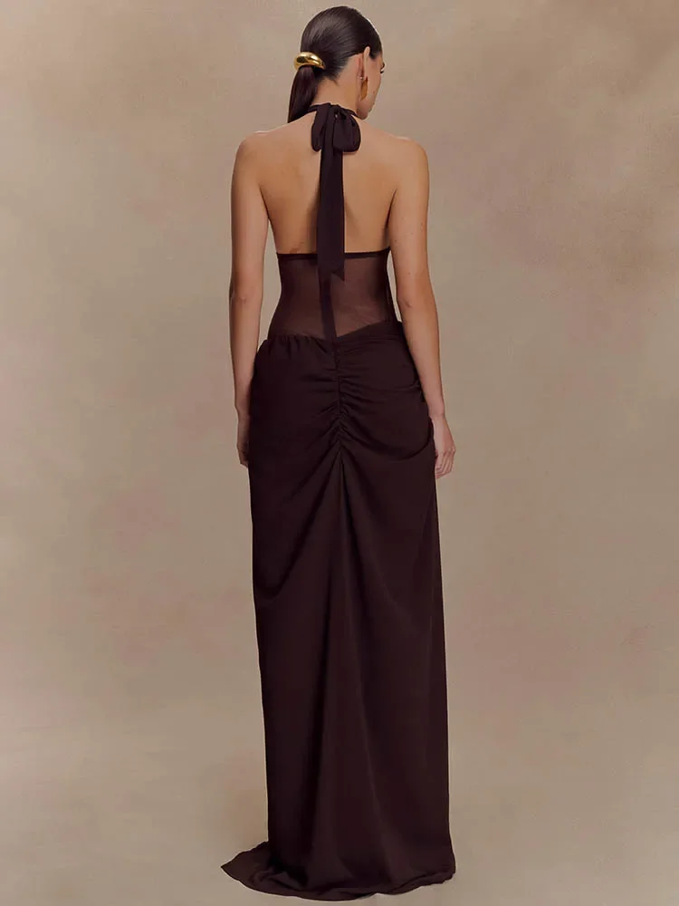 XIAOTANG Halter V Neck Backless Sexy Maxi Dress Women Gown Fashion Elegant Mesh See Through Sleeveless Bodycon Club Long Dress