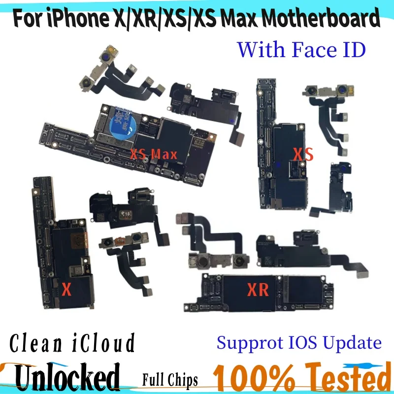 Placa base de buen funcionamiento para iPhone XR, X y Xs Max, placa base con identificación facial, placa lógica desbloqueada, reemplazo de placa iCloud limpia