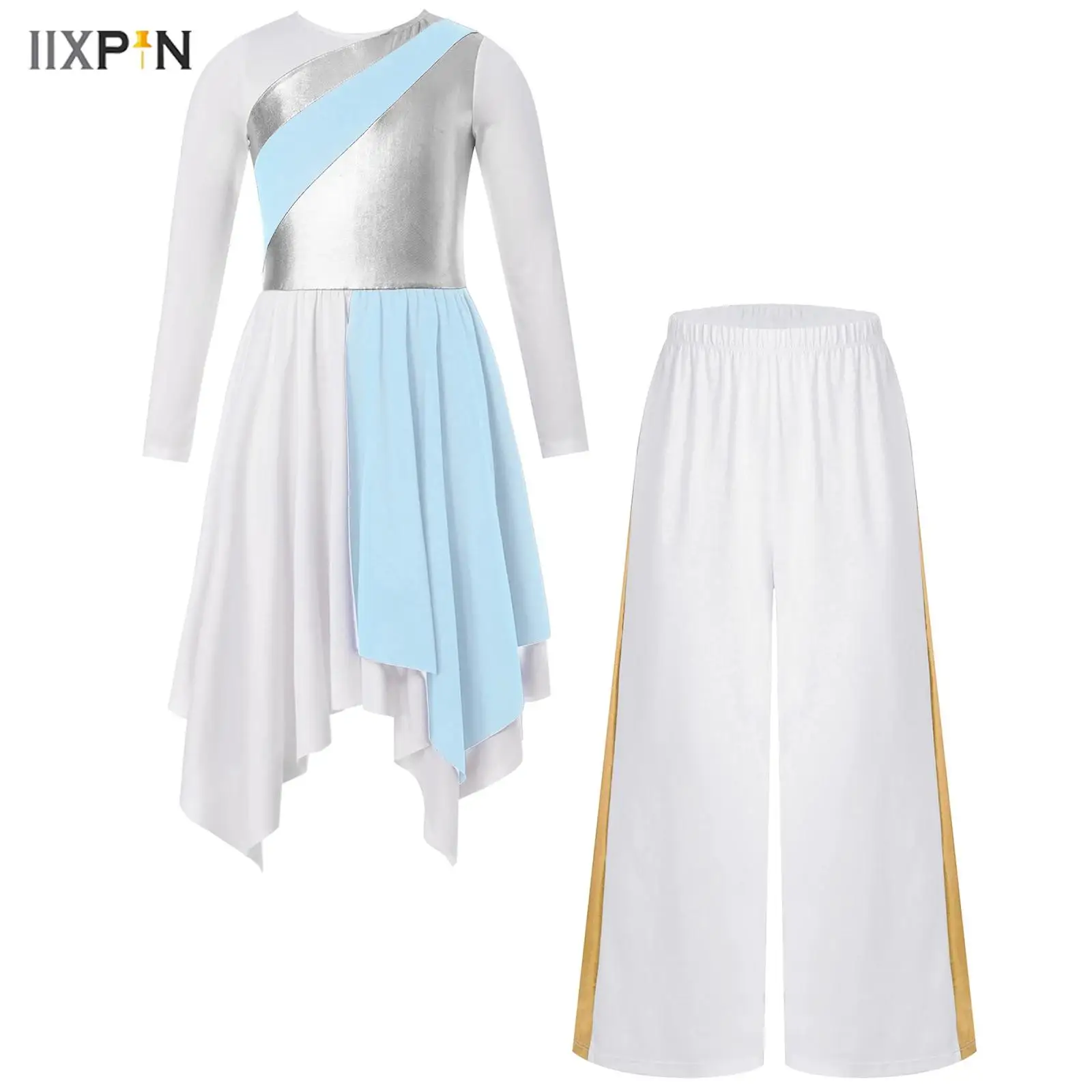 

2Pcs Kids Girls Liturgical Praise Dance Dress Long Sleeve Metallic Contrast Asymmetrical Hem Dress+Wide-Leg Pants Church Costume