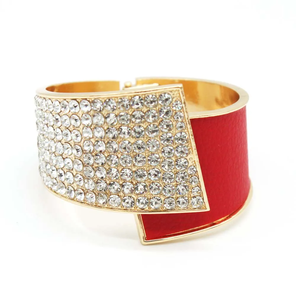 Fashion Geometric Cuff Bracelet For Women Crystal Spring Open Wide Leather Bracelet Trendy Party jewelry