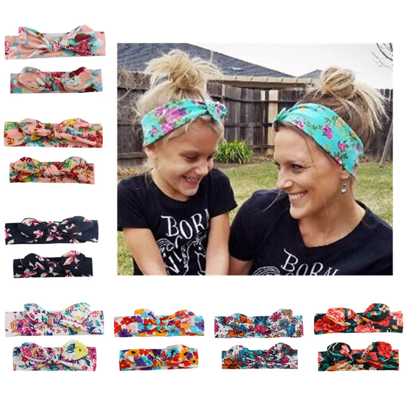 2Pcs/Set Mom Baby Headbands Mother Baby Turban Mom Daughter Rabbit Ears Hairband Floral Print Parent-Child Hair Accessories