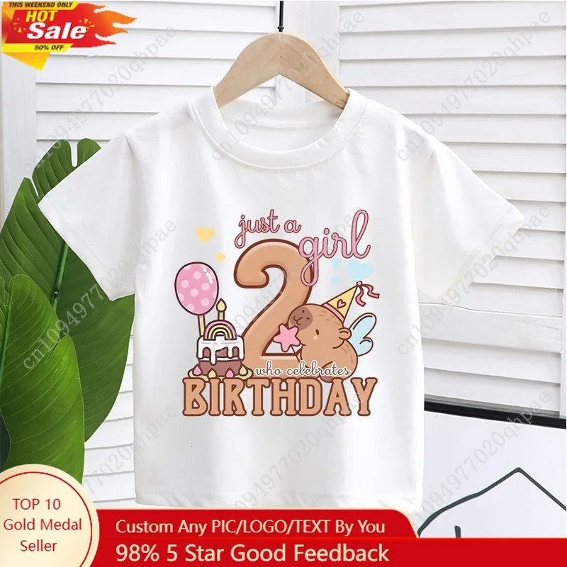 

Cross Border New Capybara Summer Birthday Number Pure Cotton Short Sleeved Kapybara Cute Children's T-shirt