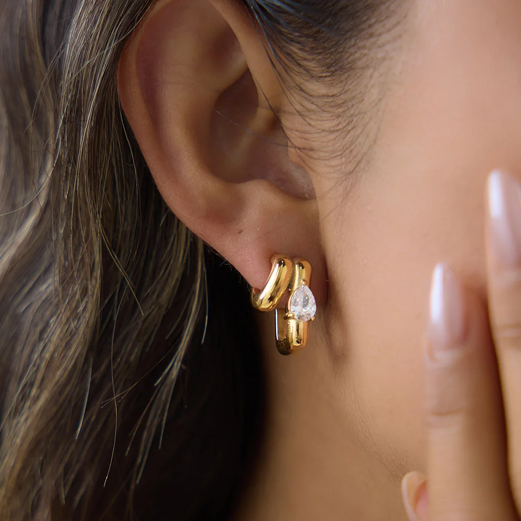 Delicate Double Layered C-Shaped Earrings With White Teardrop Shaped Zircon 18K PVD Gold Plated Stainless Steel Jewelry