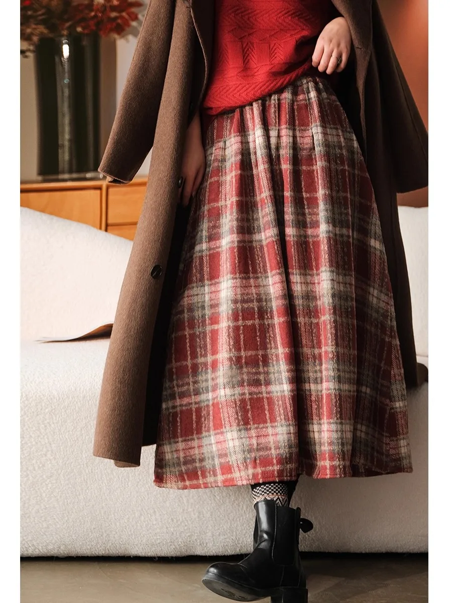 

Шерстяная клетчатая юбка премиум-класса, красная клетчатая юбка-миди трапециевидной формы, повседневная юбка-миди с эластичной резинкой на талии, хлопковая смесь