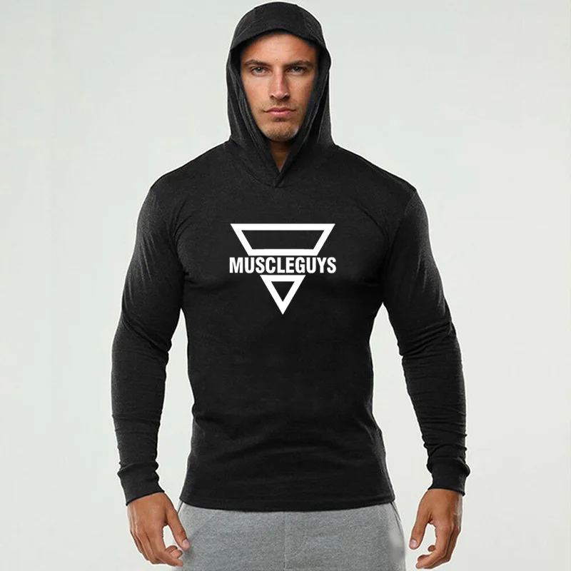 

Autumn Men's Hooded Running T-shirts Cotton Sports Long Sleeve Fitness Hoodies Casual Slim Fit Gym Clothing Muscle T Shirts