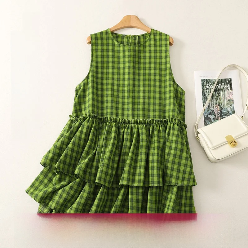 

Loose Fit Short Sleeveless Green Plaid round Neck Thin Cotton Polyester Blend Women's Summer Shirt Versatile Style Comfortable