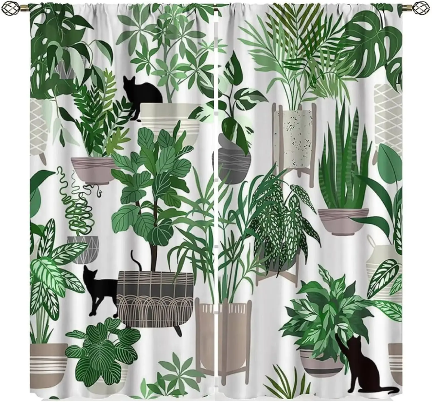 Black Cat Green Plant Curtain 2 Panels, Silhouette Cat Monstera Snake Plant Potted White Base Print, Drapes Bedroom Pet Curtain