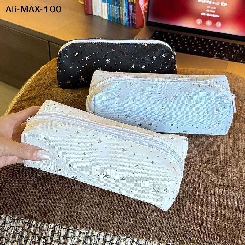 【AV】Multicolor Star Print Canvas Pencil Case Multi-functional Portable Zippered Pen Pouch Large Capacity Portable Cosmetic Bag