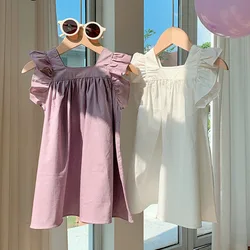 Vestido de verano de manga corta para niña, camiseta blanca con borde de volantes, algodón puro