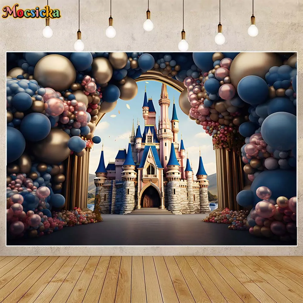 Mocsicka Children Background Blue and Golden Castle Balloons Baby 1st Birthday Party Decor Backdrop Cake Smash Photography Props