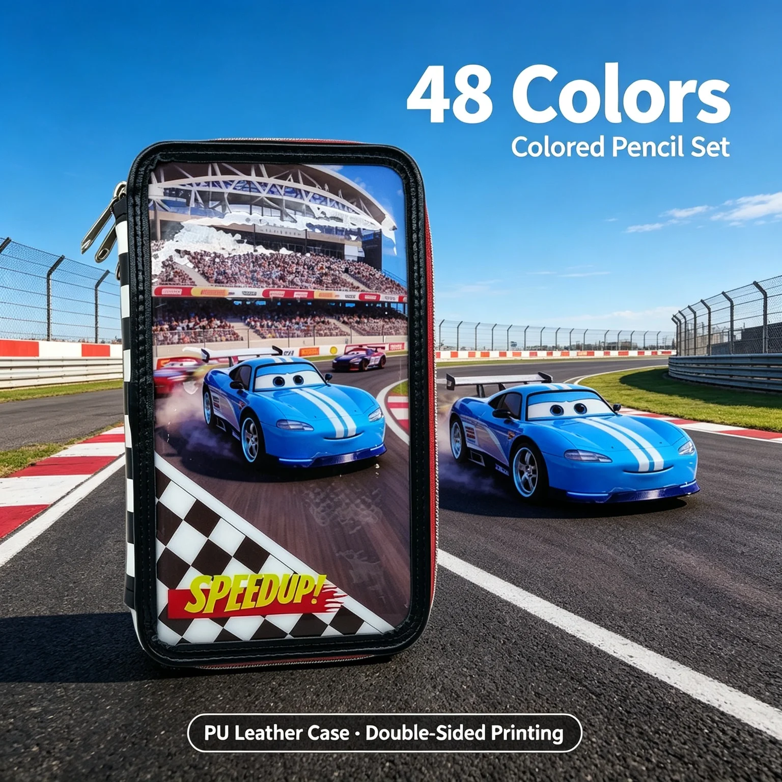 48 Colors Colored Pencil Set with Racing Car Pencil Case, Includes Sharpener Eraser Ruler, 3-Layer Zipper Art Supplies Kit for K