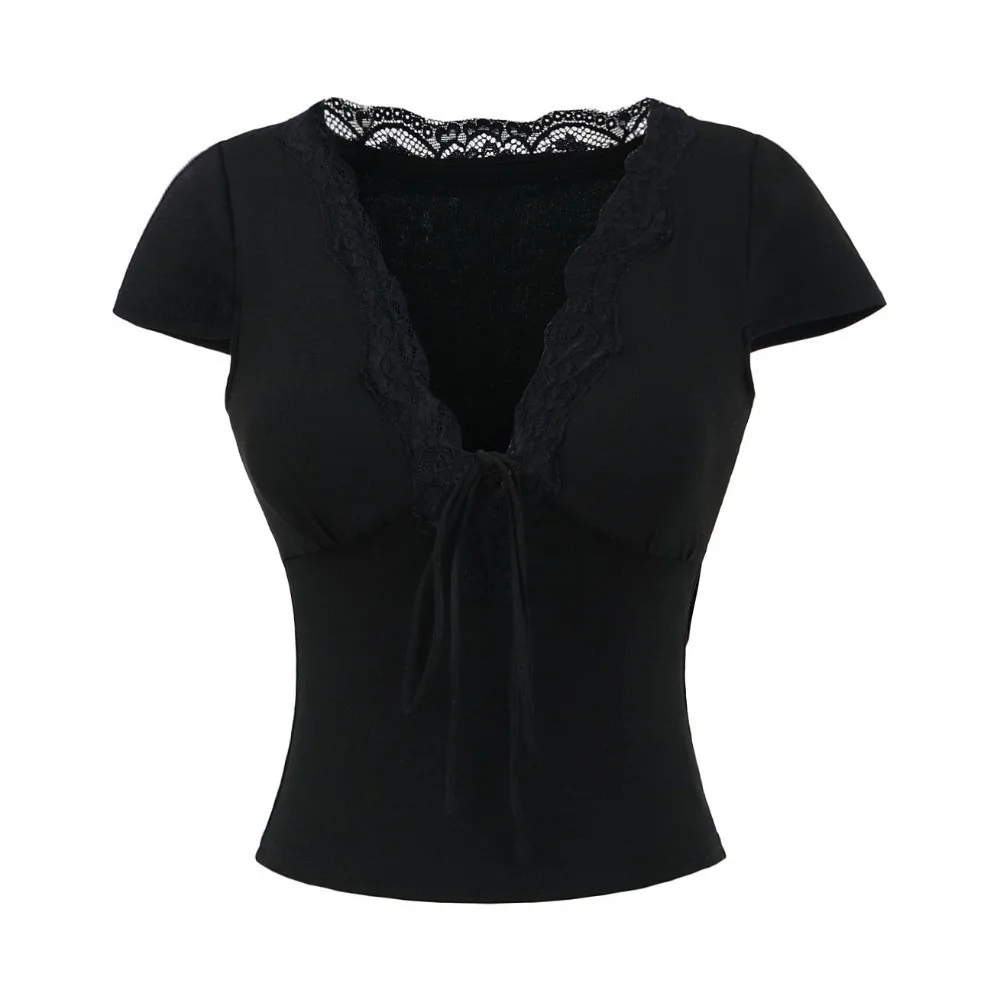 

Chic V Neck Slim Crop Tops Short Sleeve Lace Bottoming T-shirt Sweet Elastic Camisole Streetwear