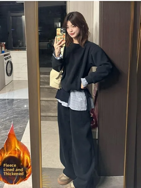 

Women's Faux Two-Piece Hoodie Set Spring Casual Wide Leg Pants Thickened Fleece Winter Warm High Waist Color