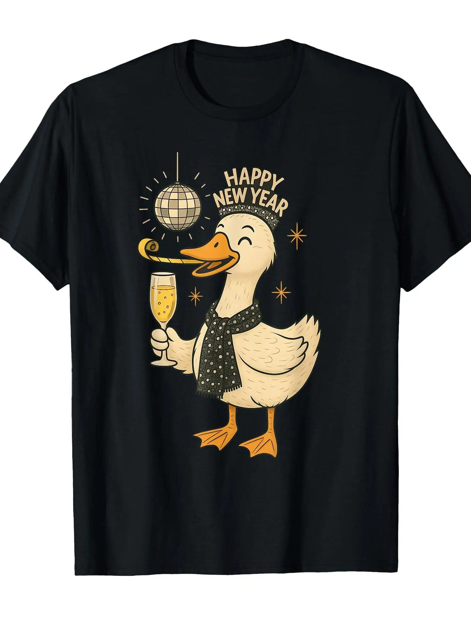 Happy New Year Goose & Champagne Disco Ball Party T-Shirt-Sleeve Crew Neck Top with Goose & Champagne Design