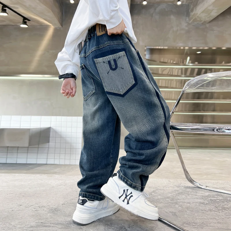 2025 Spring Autumn Teenager Boys Loose Straight Wide Leg Jeans Kids Baggy Denim Pants High Quality Tweens Child Jeans Trousers