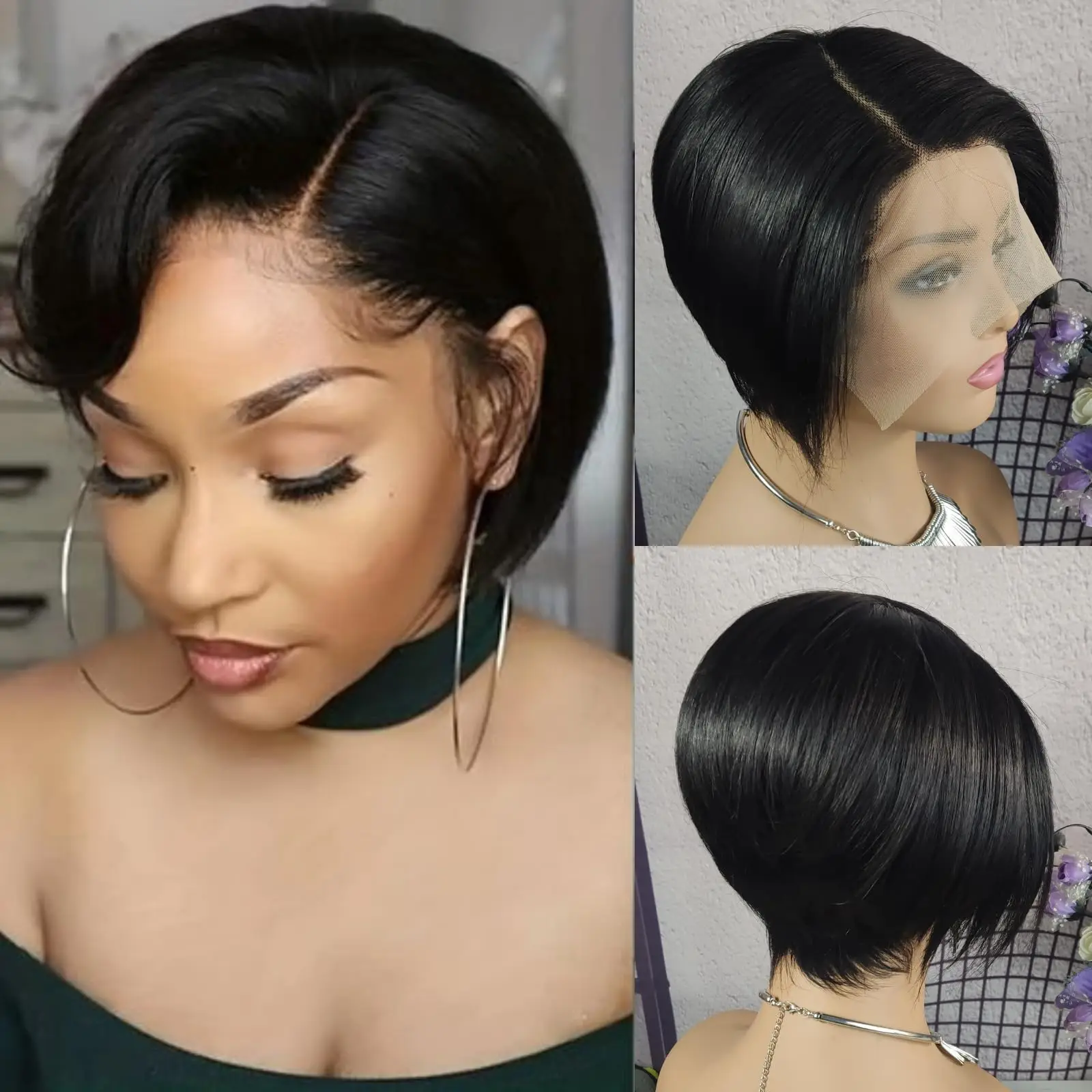 13x4 الدانتيل الشفاف قصيرة بوب شعر مستعار T جزء شعر مستعار الدانتيل البرازيلي الشعر البشري للنساء مستقيم عابث قطع شعر مستعار خصلات الشعر المستعار الإنسان #3