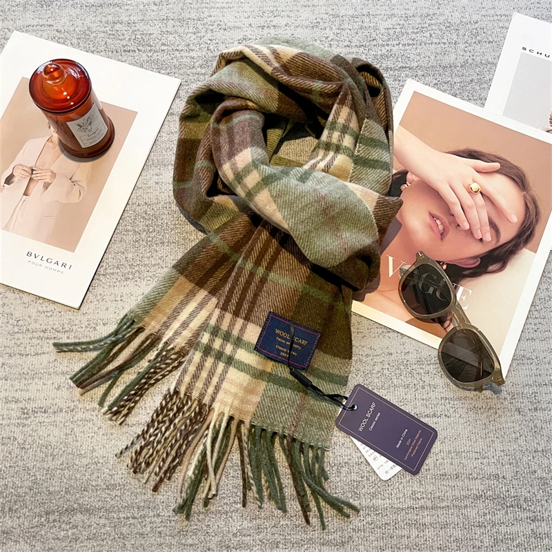 Luxury British Wool Blending Scarf Women Plaid Cashmere Handkerchief Winter Warm Female Shawl Outdoor Pareo Korea Soft Bufanda