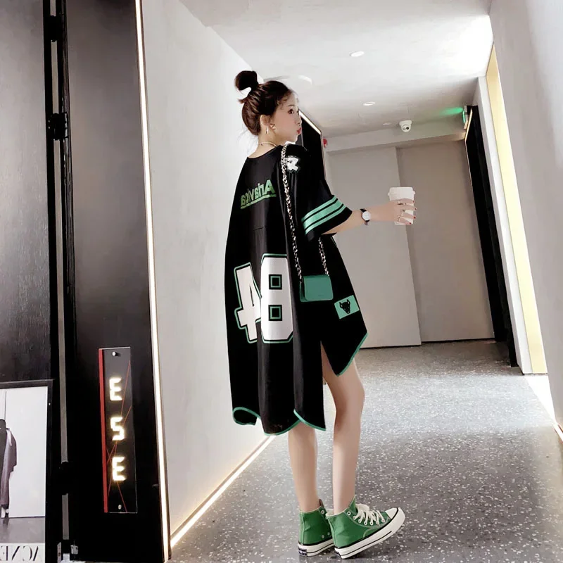 DAYIFUN-Basketball T Shirts,Summer Irregular Half Sleeved,Oversized Tees Dress,Women Sports Loose Mid Length,Large Size Dresses