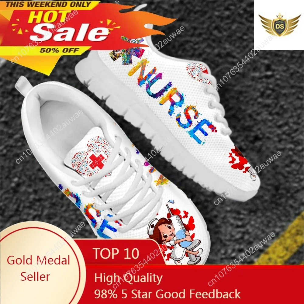 Cute Hospital Cartoon Nurse  Pattern Sneakers Shoes For Women Breathable Lace Up Flat Shoes Comfort Zapatillas