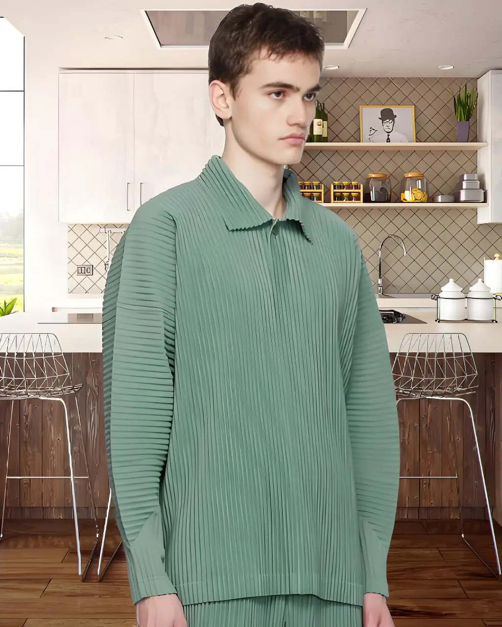 

Miyake Men's Solid Color Plisse Japanese Casual Classic Pleated Loose Casual Fashion Pleated Lapel Long Sleeve Top Polo Shirt