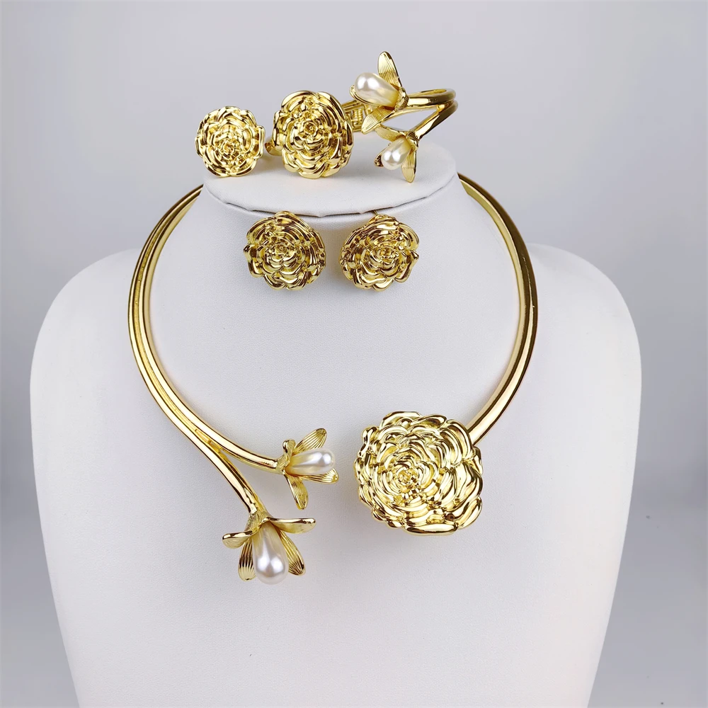 ESALE 4Pcs Freshwater Pearl Flower Jewelry Set Unique Italy 18K Gold Plated Water Drop Jewellery For Women Wedding Gift 2025 New