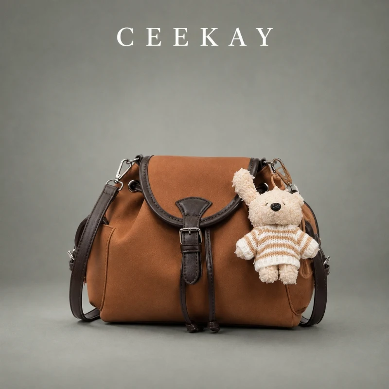CEEKAY Canvas Leather Flap Bag Belt Buckle Detail Bunny Charm Adjustable Strap All-Match Daily Wear Compact Elegant for Women