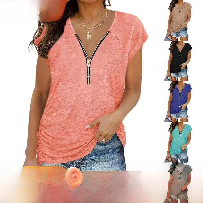 

Women's Street Sle V-Ne Zipper Casual Pleated T-irt Chest Zipper Design ort Sve Slim Fit Spring Faion