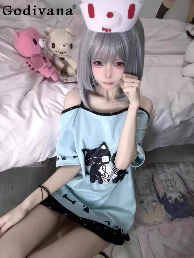 

Subculture Y2k Off-the-shoulder T-shirt Japanese 2D Halter Cartoon Printed T-shirt Girls Women's Summer Short-sleeved Tops