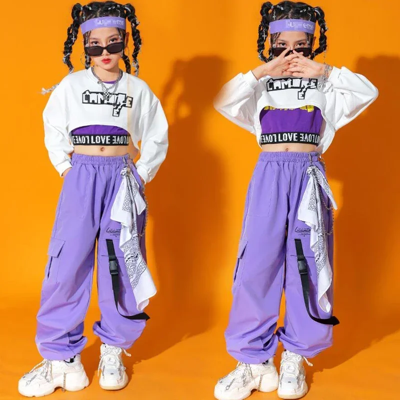 Kids Teen Kpop Outfits Clothing for Girls Sweatshirt Crop Top Long Sleeve Shirt Tank Cargo Pants Child Dance Hip Hop Costume