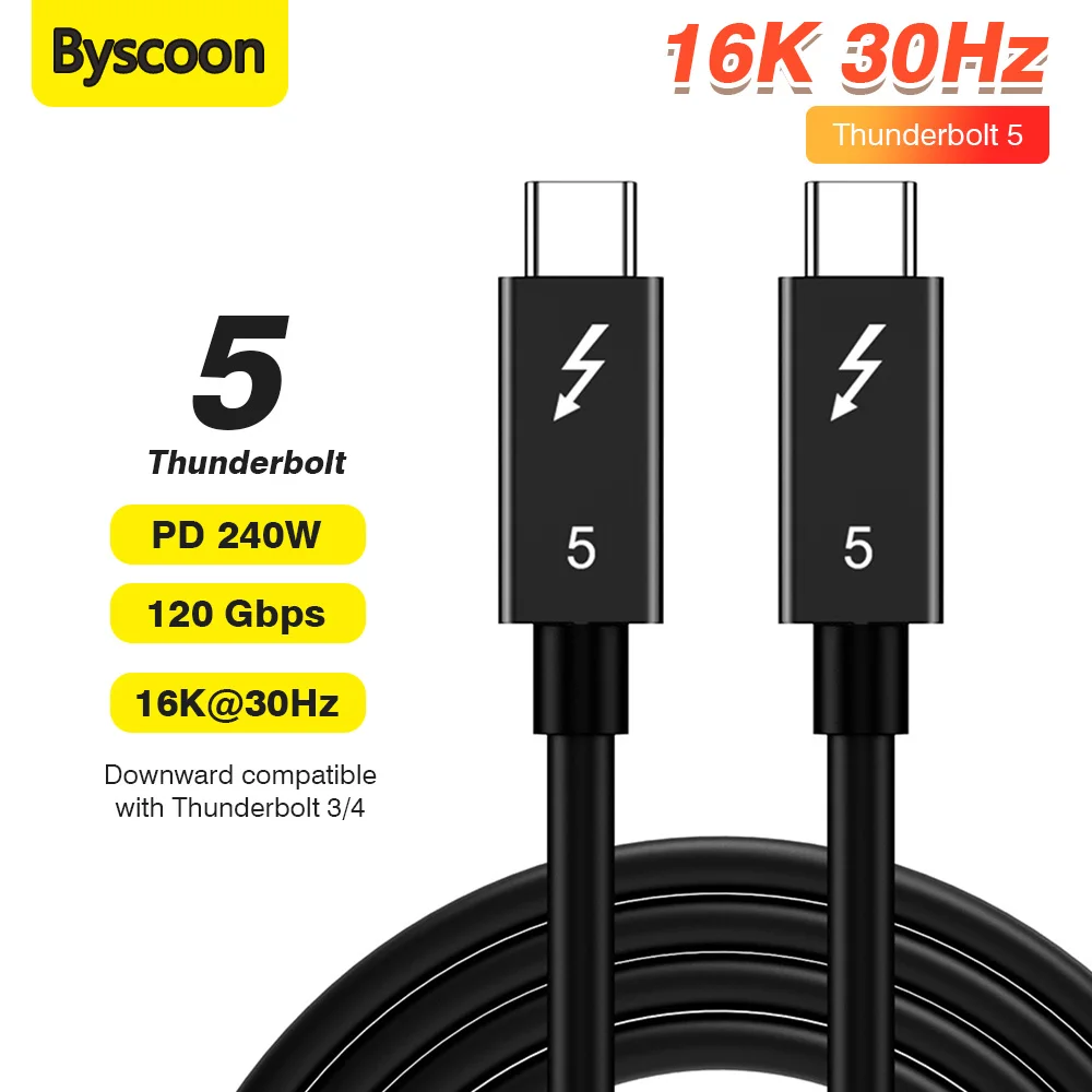 PD 240 واط نوع C Thunderbolt 5 كابل شحن سريع 120 جيجابايت في الثانية USB C كابل نقل عالي السرعة HD 16K كابل فيديو كامل الوظائف