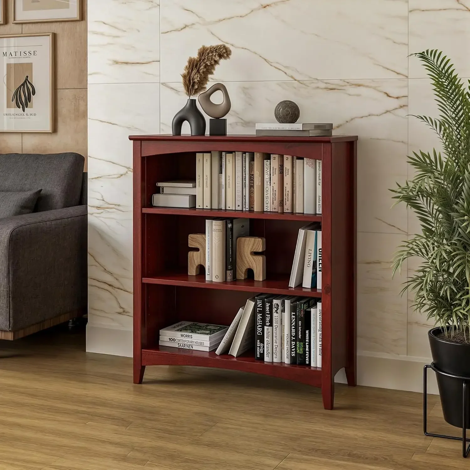 

Книжный шкаф в стиле шейкер с 3 полками/из массива дерева/высота 36 дюймов/регулируемые полки/закрытая задняя панель/витрина для книг для гостиной, спальни