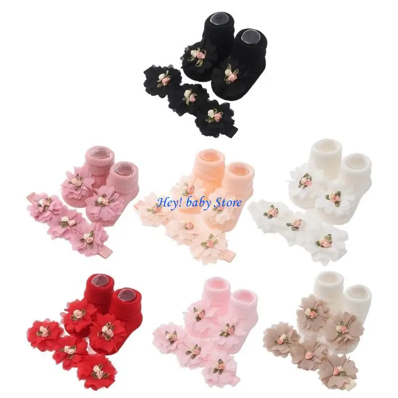

Q1FE Exquisite Baby Lace Flower Socks with Headband Newborn Ankle Socks with Headwear