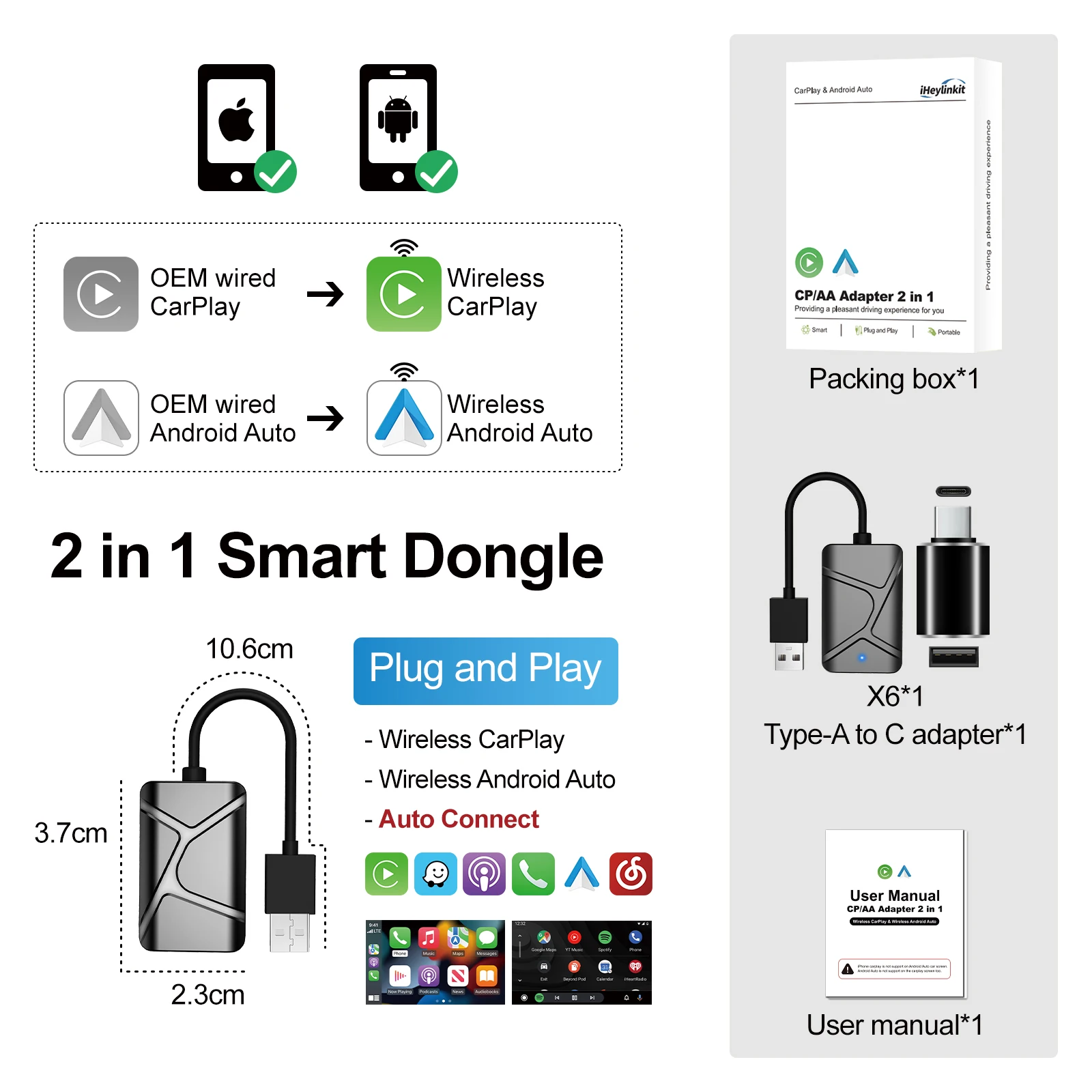 iHeylinkit 2 in1 CarPlay محول لاسلكي CarPlay صندوق صغير أندرويد السيارات دونغل لبنز أودي مازدا كيا تويوتا VW OEM راديو السيارة #6