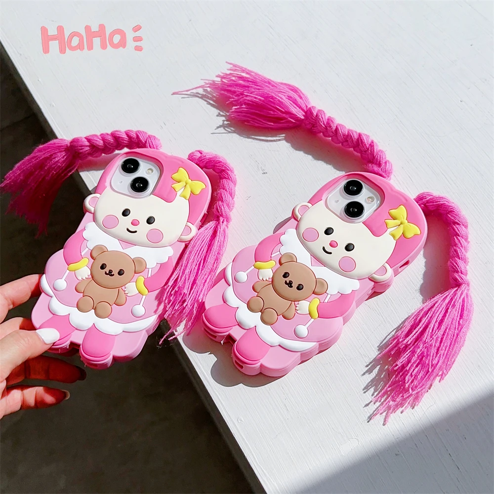 Korean cute 3D Diy bow braid girl Funny bear baby silicone phone case for iphone 11 12 13 14 15 Pro Max creative cartoon cover