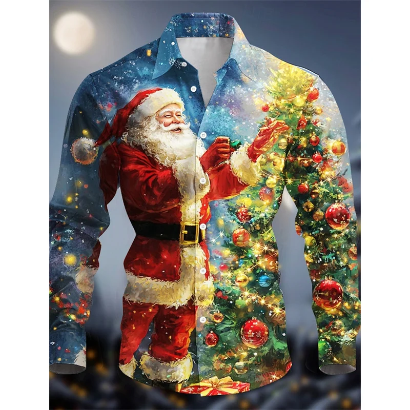 

3D Printed Santa Claus Snowman Hawaiian Shirts For Men Christmas Tree Pattern Aloha Shirts Loose Long Sleeve Lapel Tops Blouse